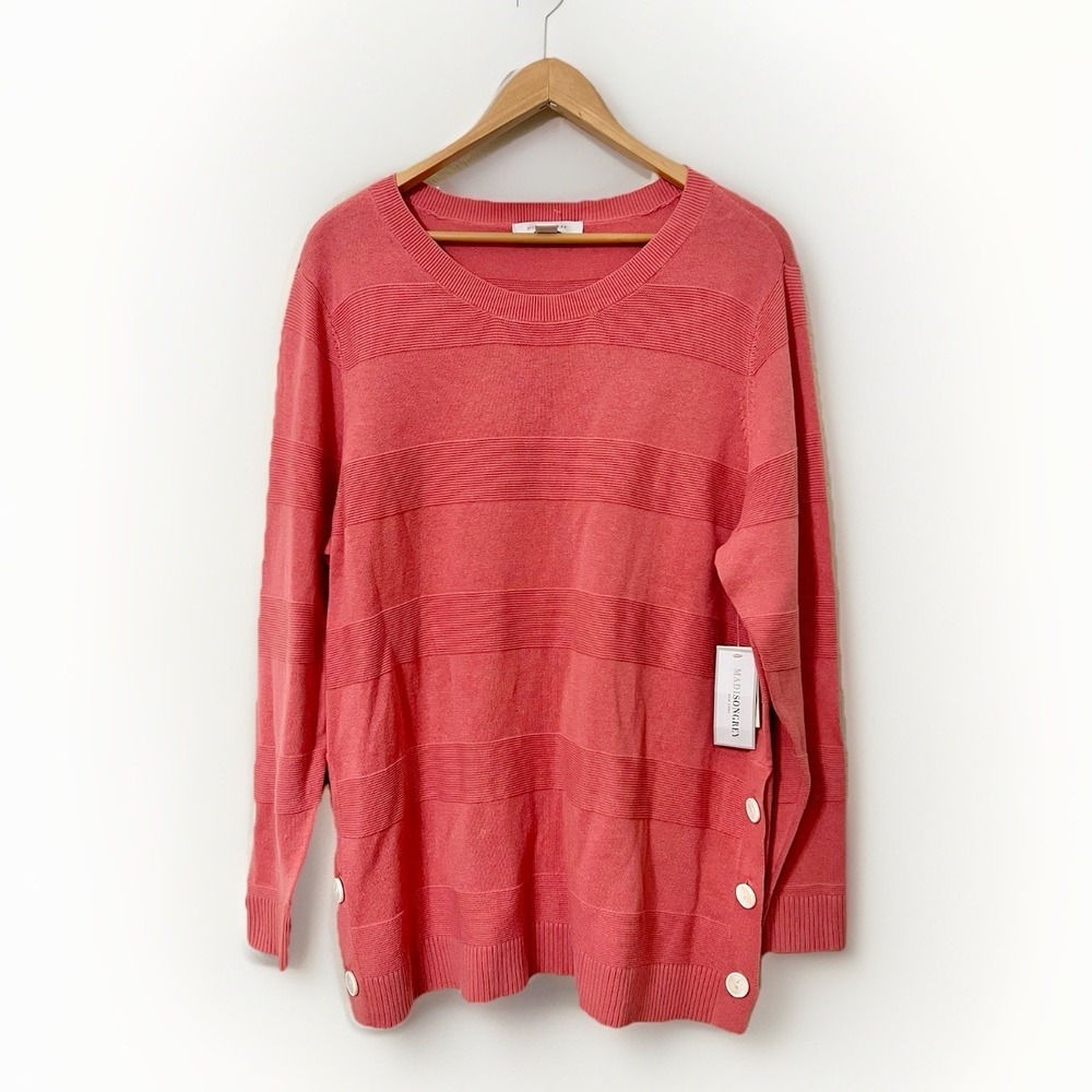 Madison Grey New York Pink Button Accent Long Sleeve Knit Sweater NWT Ribbed